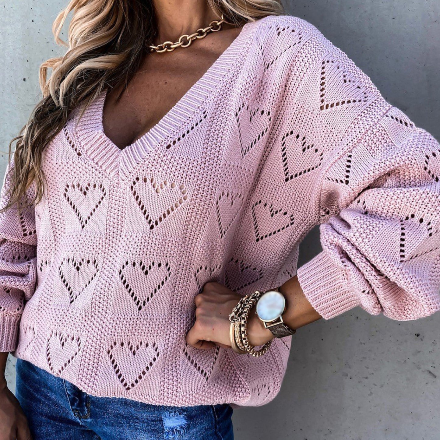 Women Love Heart Hollow Crochet Sweater Loose V Neck - essentialslifeshop