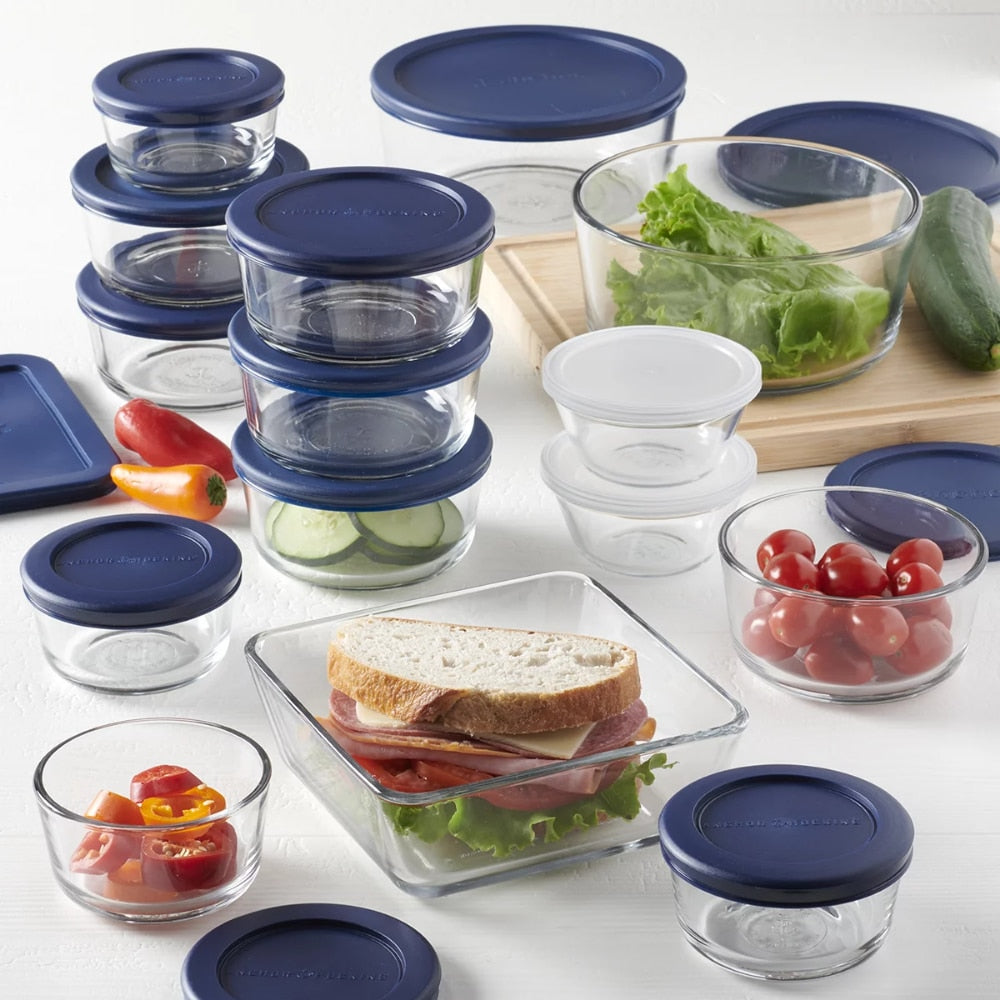 Clear Glass Storage 30 Piece Set With Navy Lids - essentialslifeshop