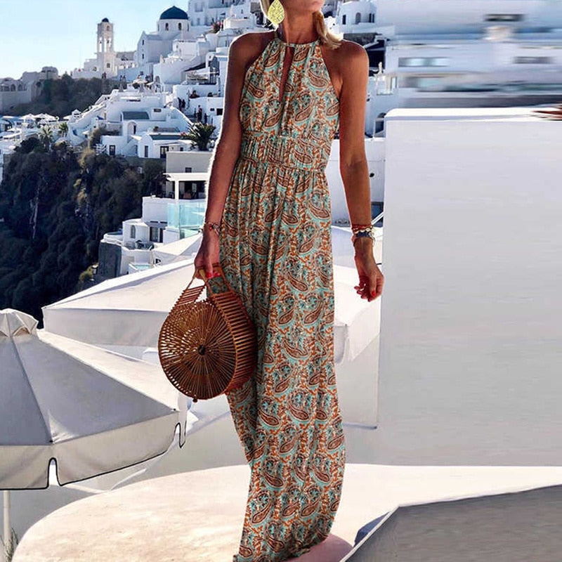 Sexy O Neck Halter Print Dress - essentialslifeshop