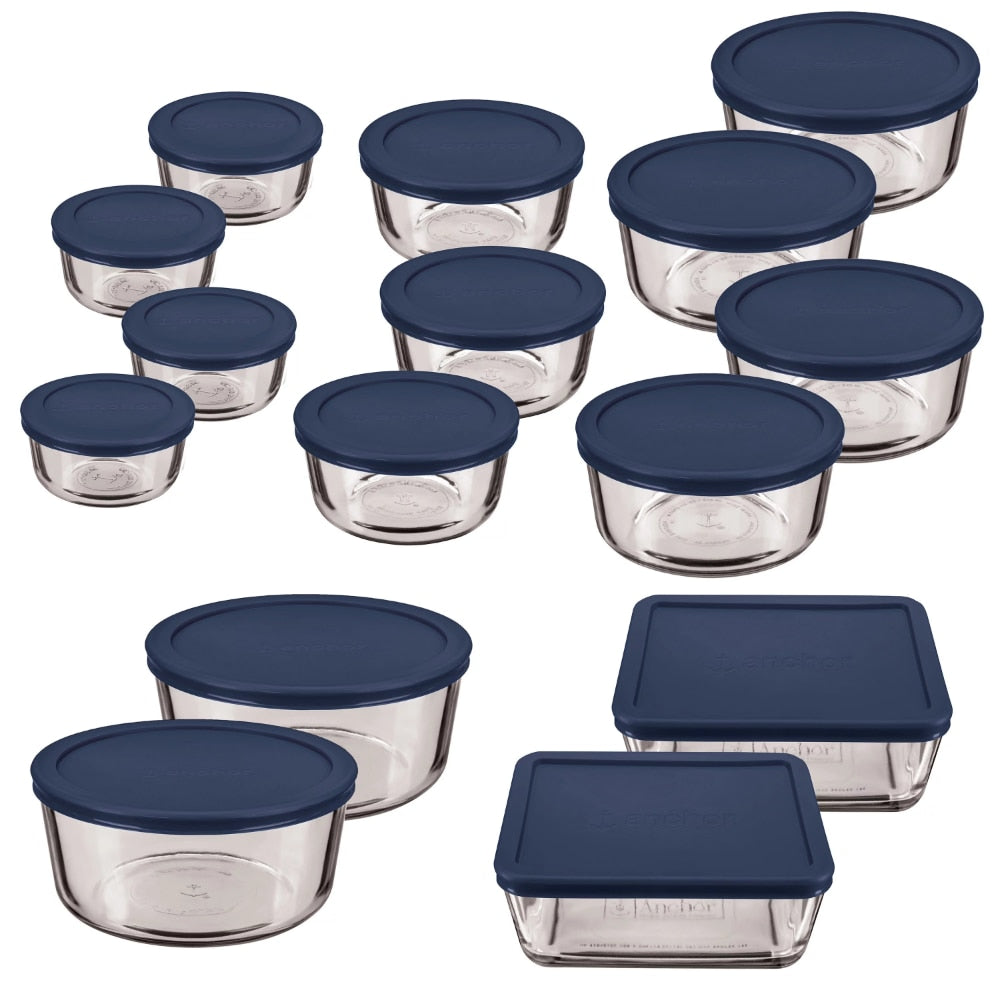 Clear Glass Storage 30 Piece Set With Navy Lids - essentialslifeshop