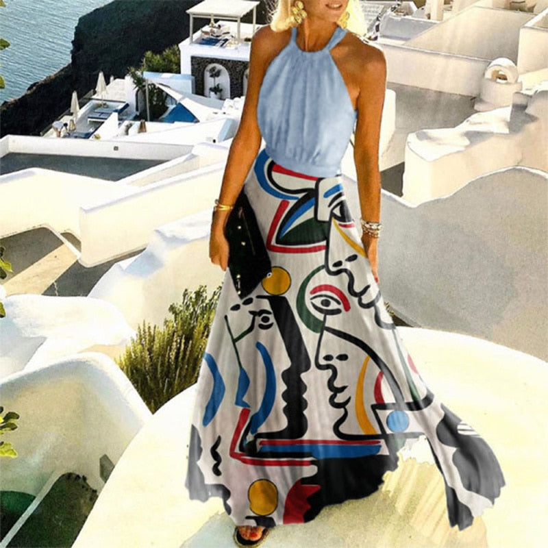 Sexy O Neck Halter Print Dress - essentialslifeshop