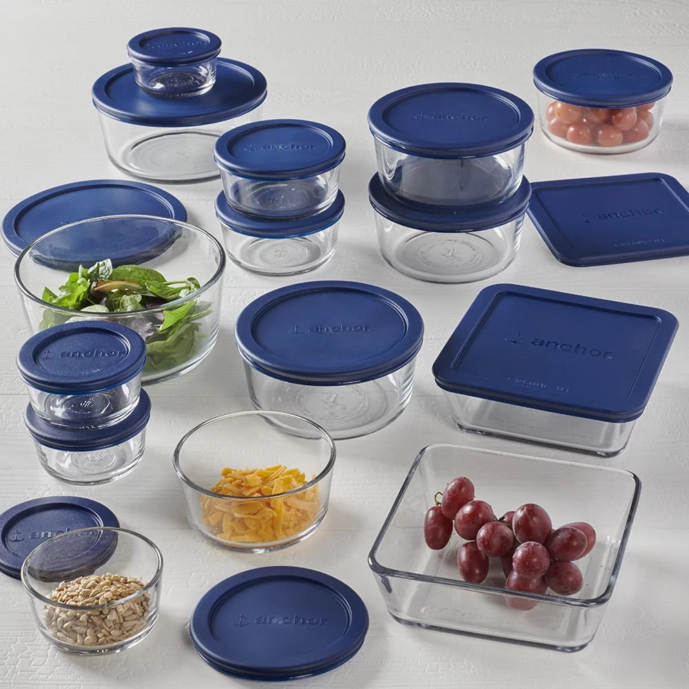 Clear Glass Storage 30 Piece Set With Navy Lids - essentialslifeshop