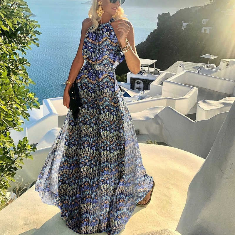 Sexy O Neck Halter Print Dress - essentialslifeshop