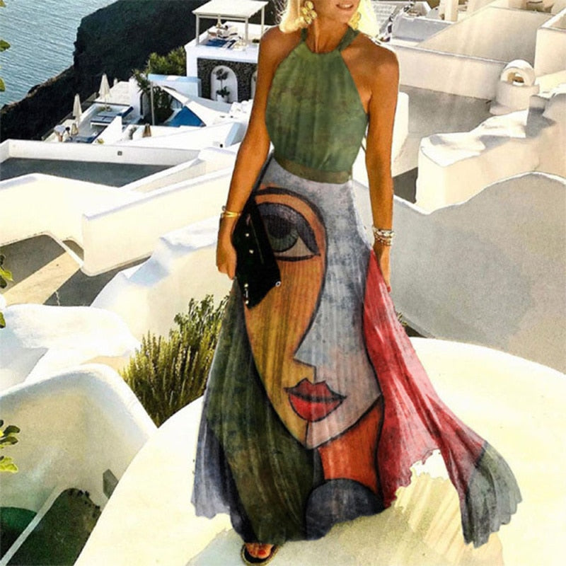 Sexy O Neck Halter Print Dress - essentialslifeshop