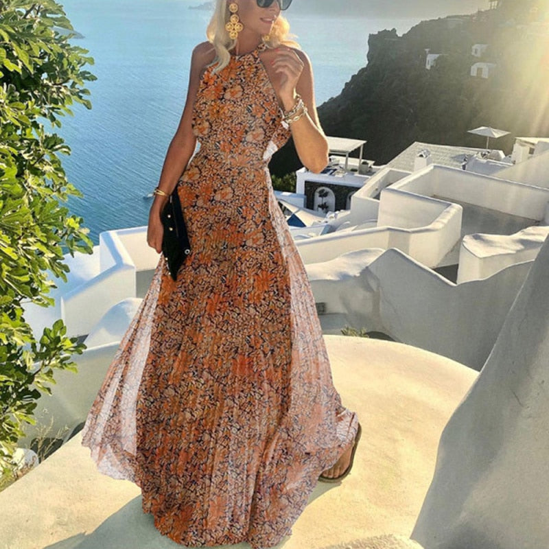 Sexy O Neck Halter Print Dress - essentialslifeshop