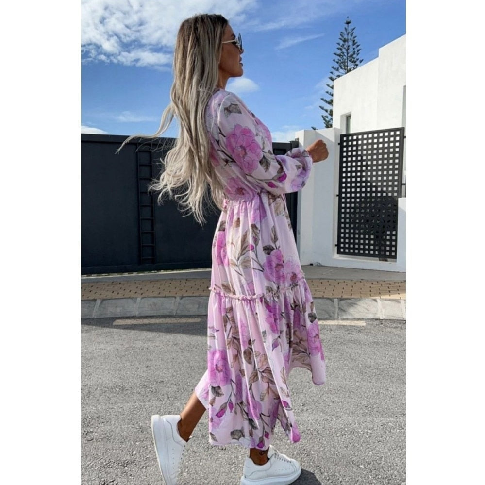 V-neck Long Sleeve Floral Print Midi Dress - essentialslifeshop