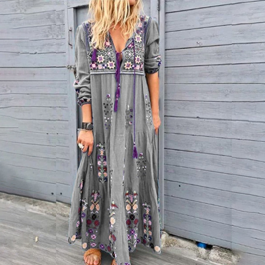 Long Sleeve Floral Embroidery Dress - essentialslifeshop