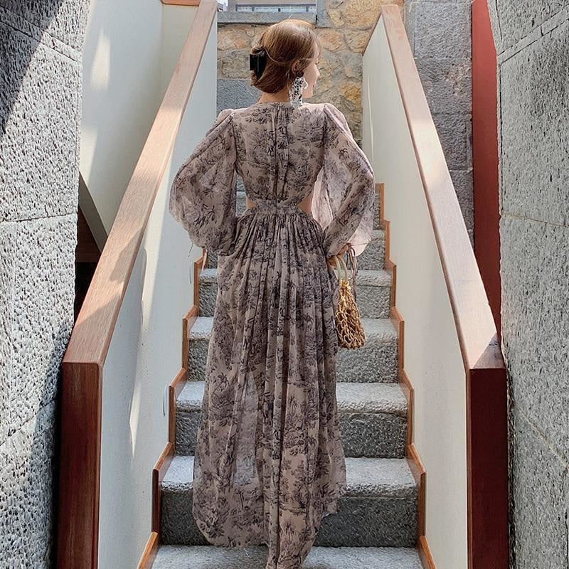 Hollowout Split Dress Female Casual Long Sleeve - essentialslifeshop