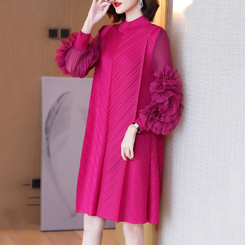 Woman Pleated Midi Dress Ruffles Mesh Long Sleeve - essentialslifeshop