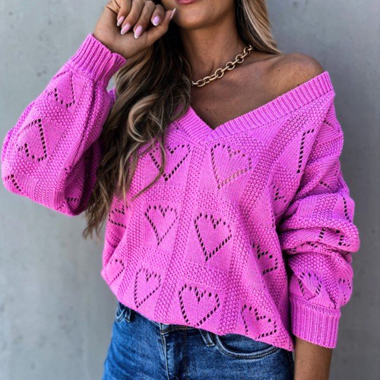 Women  Love Heart Hollow Crochet Sweater Loose V Neck - essentialslifeshop