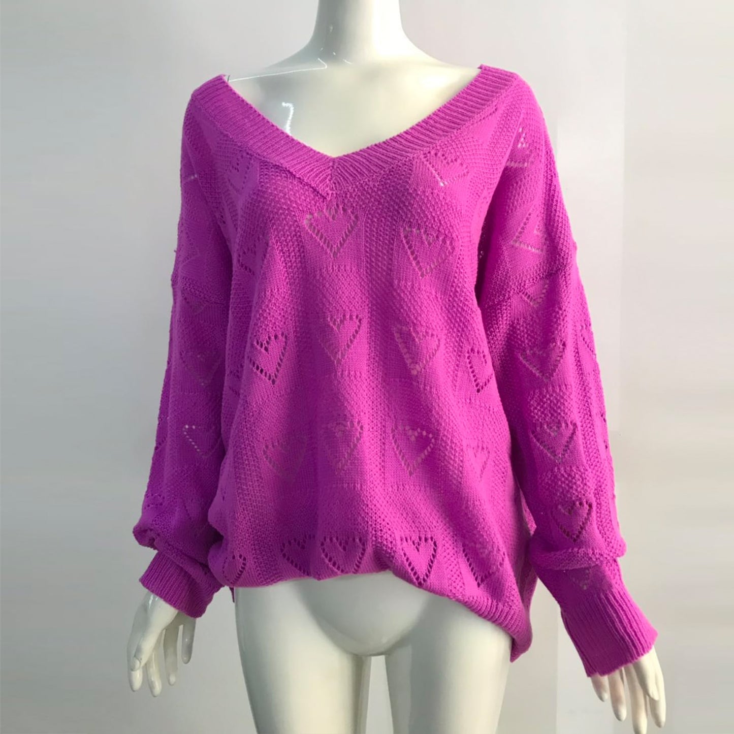Women  Love Heart Hollow Crochet Sweater Loose V Neck - essentialslifeshop