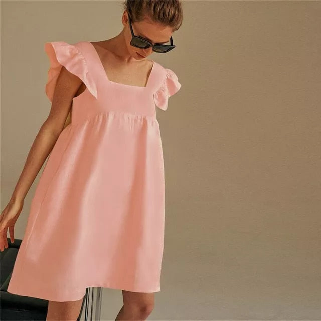 Square Neck Solid Color Cute Dress - essentialslifeshop