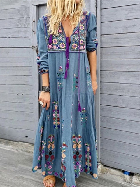 Long Sleeve Floral Embroidery Dress - essentialslifeshop