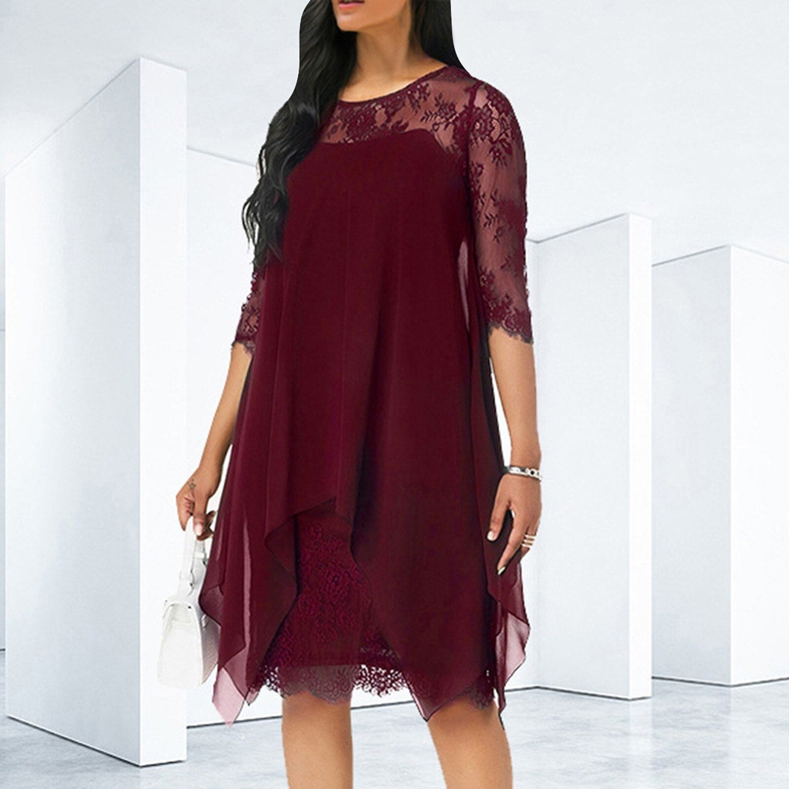 3/4 Sleeve Mid Length Knee Length Dress - essentialslifeshop