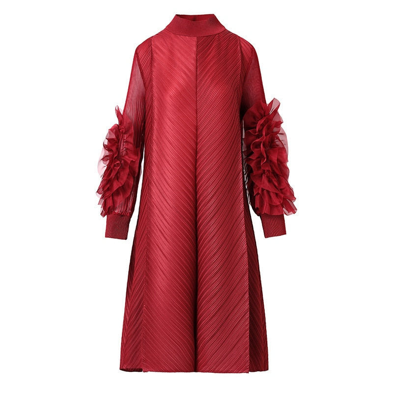 Woman Pleated Midi Dress Ruffles Mesh Long Sleeve - essentialslifeshop