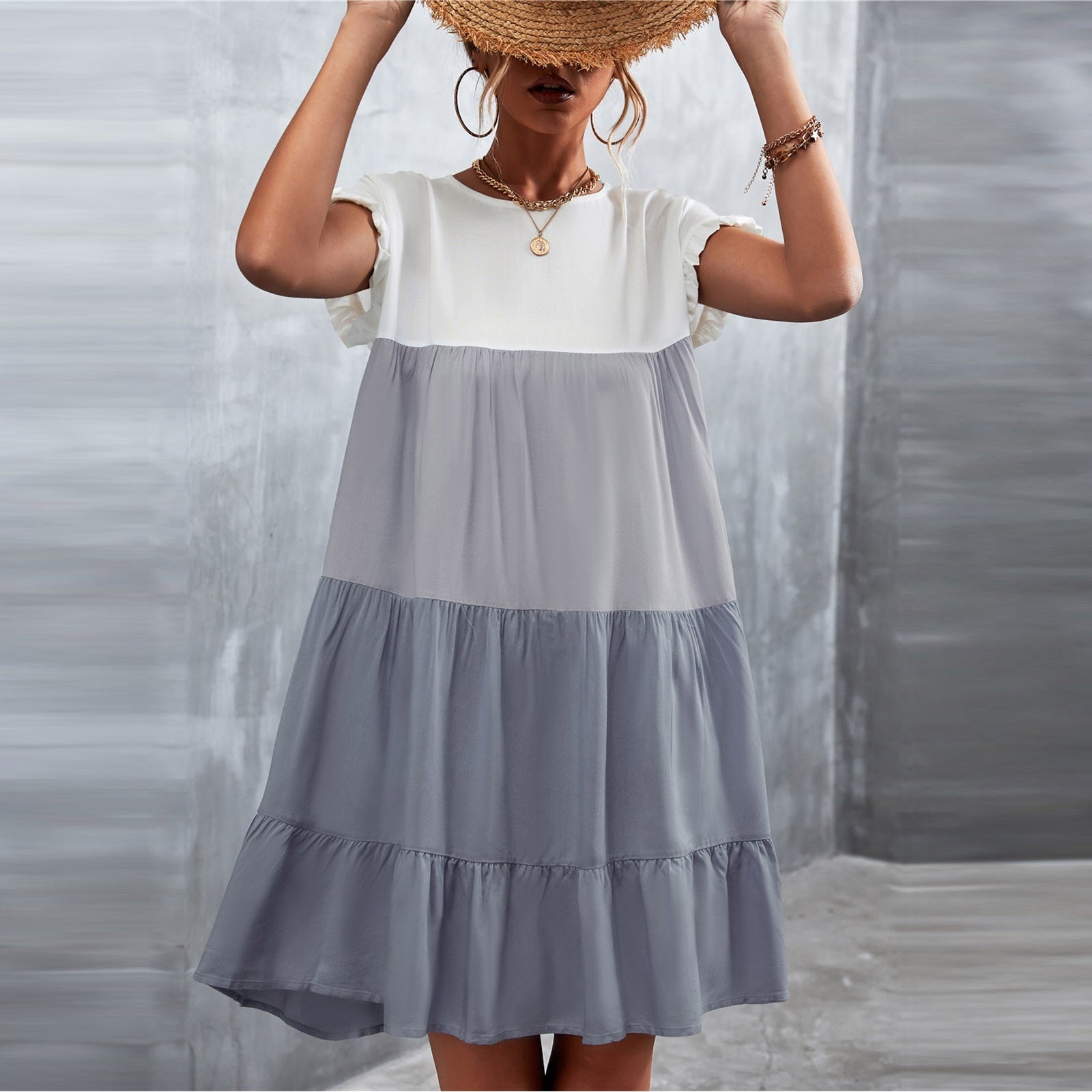 Casual Dress Ladies V-neck Loose Stitching - essentialslifeshop
