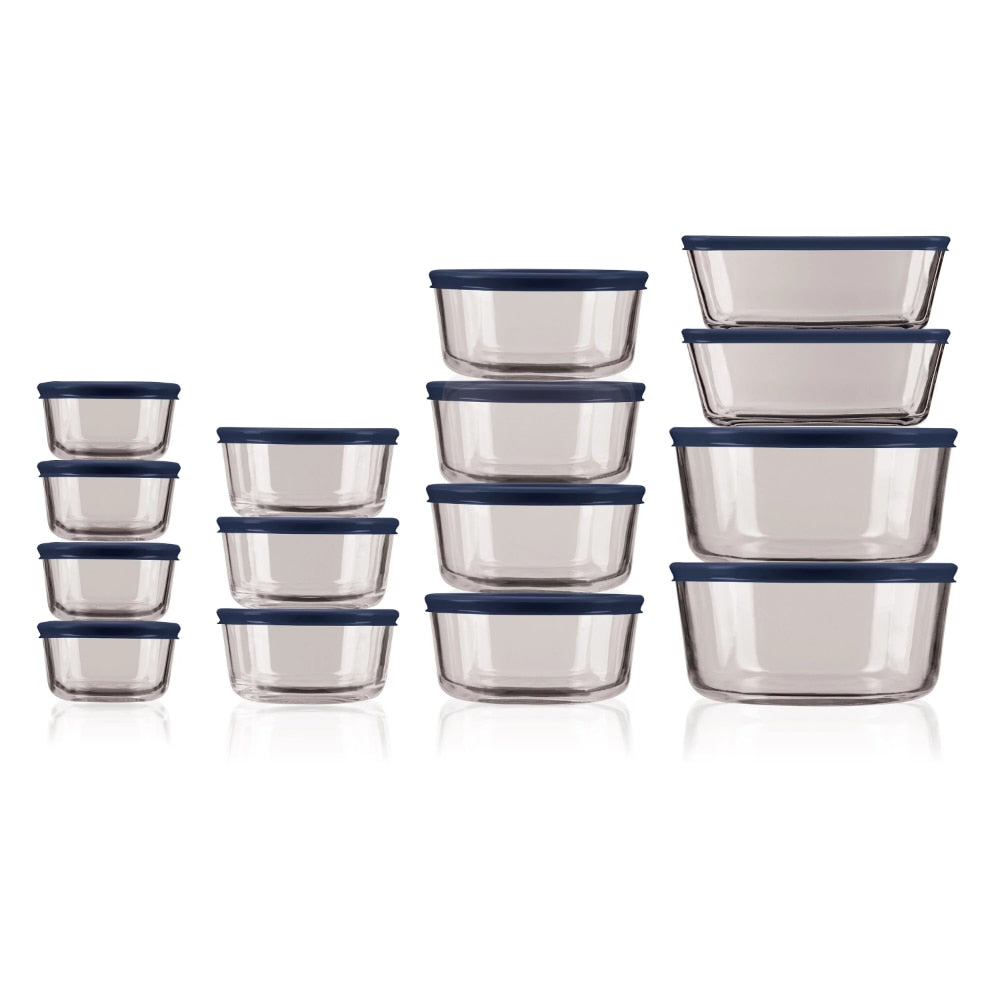 Clear Glass Storage 30 Piece Set With Navy Lids - essentialslifeshop