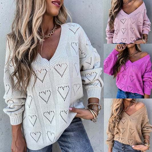 Women  Love Heart Hollow Crochet Sweater Loose V Neck - essentialslifeshop