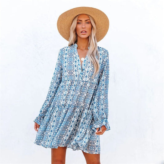 Women Boho Elegant Flare Sleeve Mini Dress - essentialslifeshop