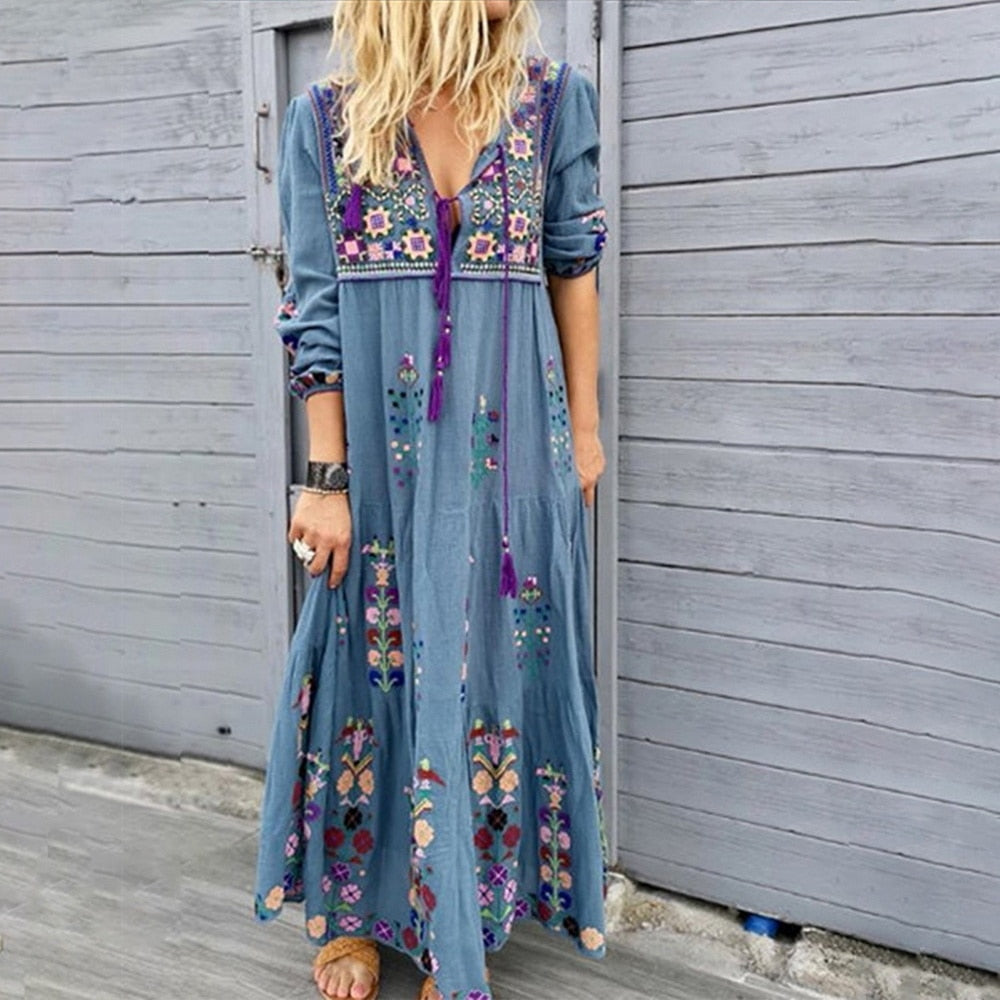 Long Sleeve Floral Embroidery Dress - essentialslifeshop