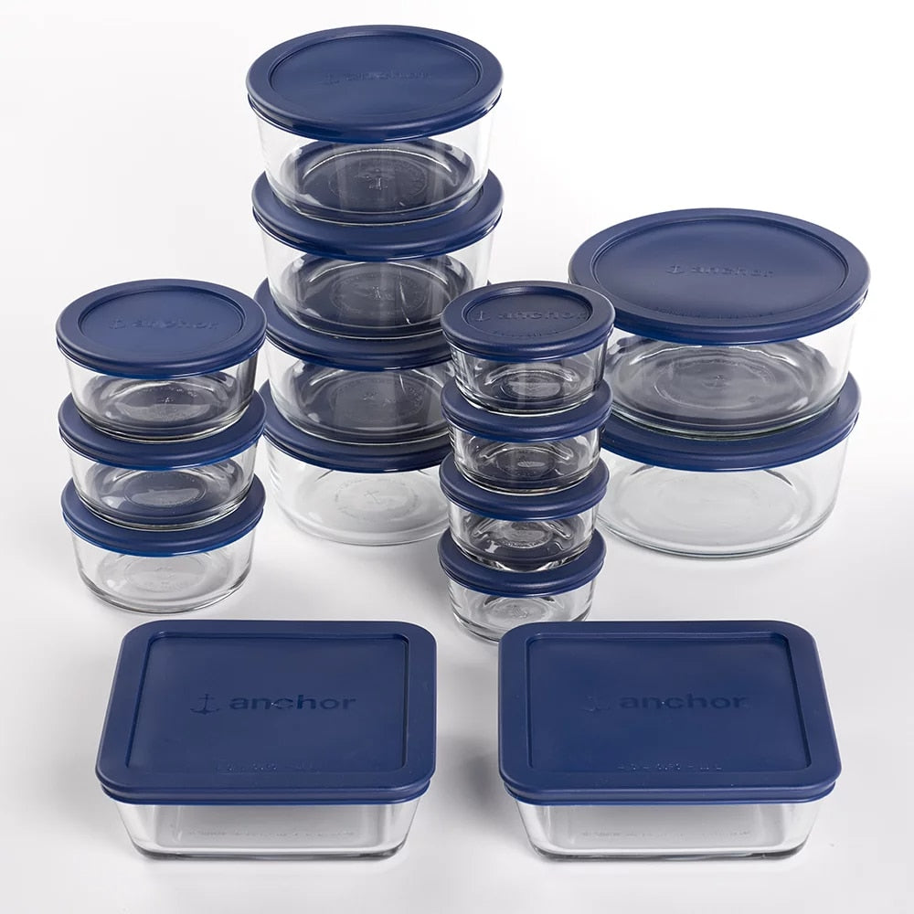 Clear Glass Storage 30 Piece Set With Navy Lids - essentialslifeshop