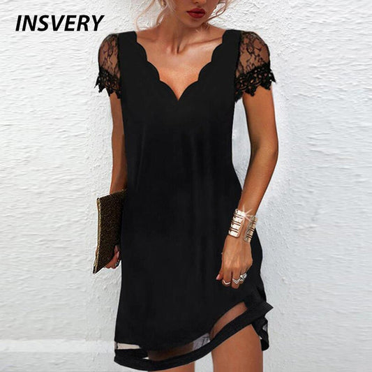 Women Elegant  Sexy V Neck Lace Dress - essentialslifeshop