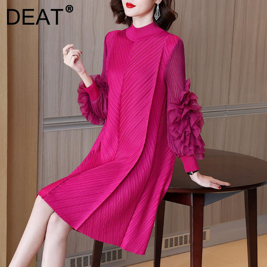 Woman Pleated Midi Dress Ruffles Mesh Long Sleeve - essentialslifeshop